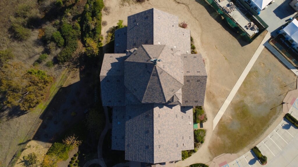 Top-down view of multi-roofed building