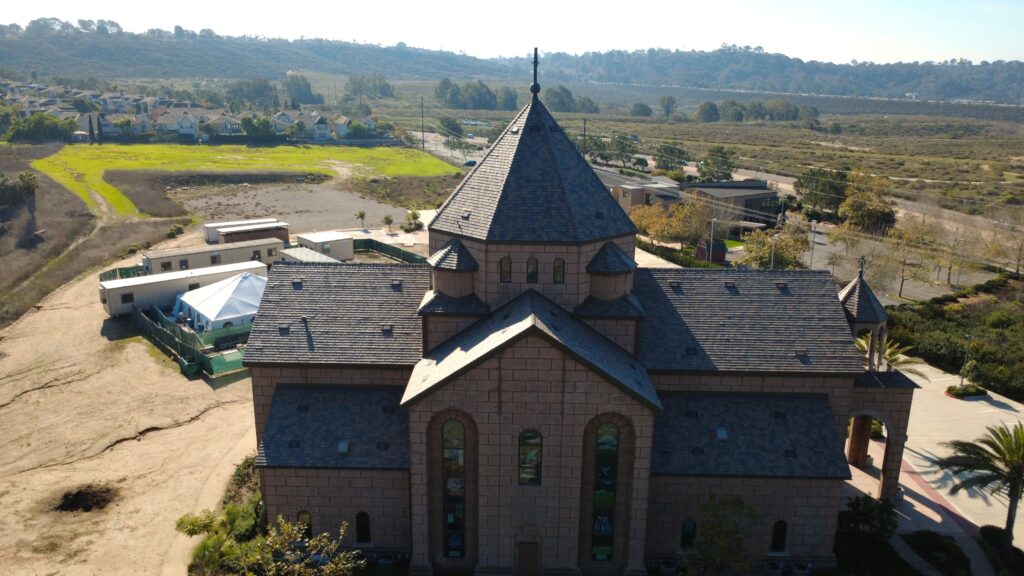 Aerial view of church and nearby landscape