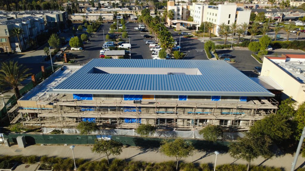 Aerial view of blue corrugated metal roof