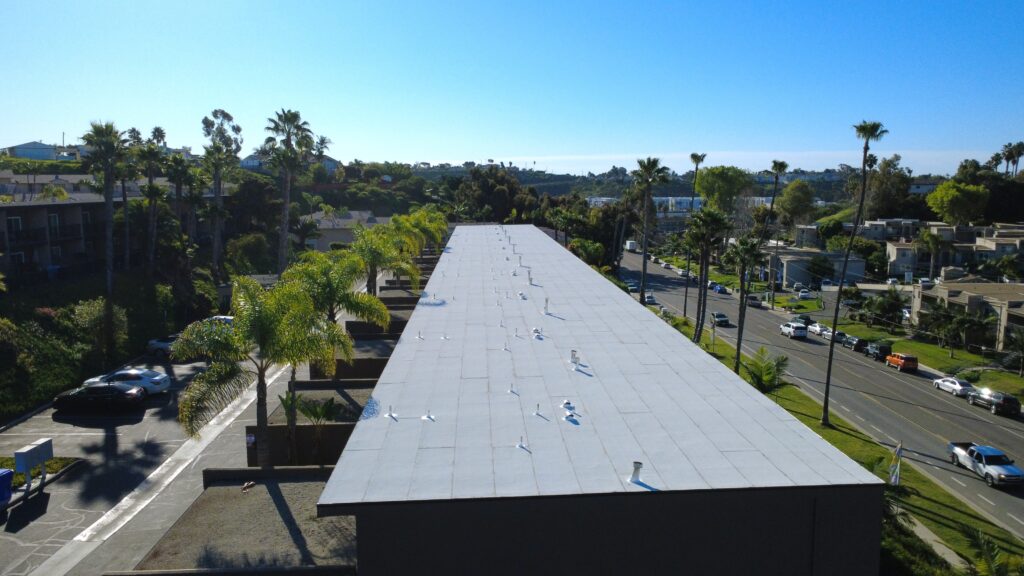 Long white rooftop with palm trees and street