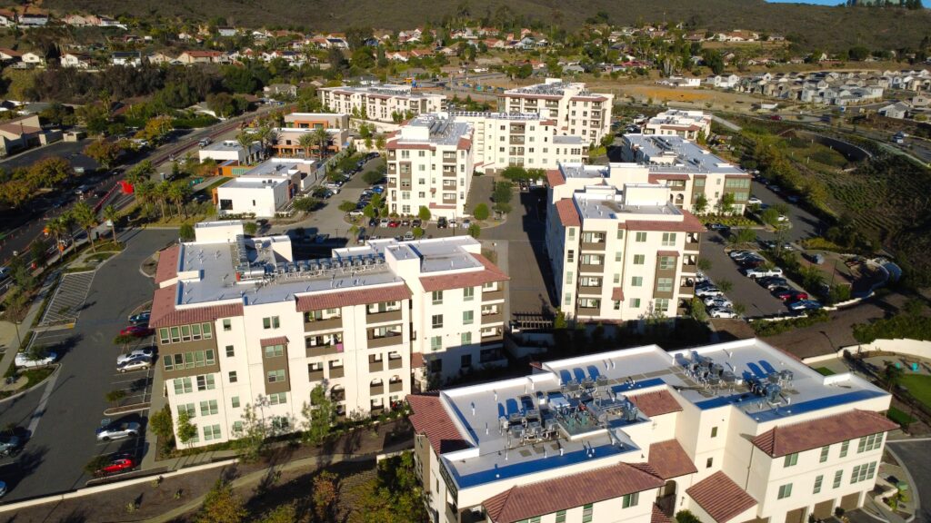Aerial view of multi-story apartment buildings