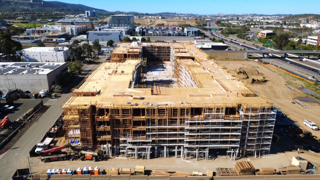 Aerial view of wooden-frame apartment construction