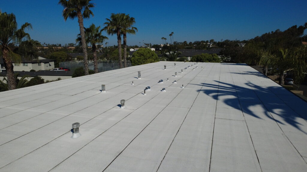 Long white roof with palm tree shadows